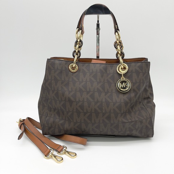 Michael Kors Cynthia Logo Medium Satchel Brown Monogram Chain Shoulder Luxury - Picture 1 of 16